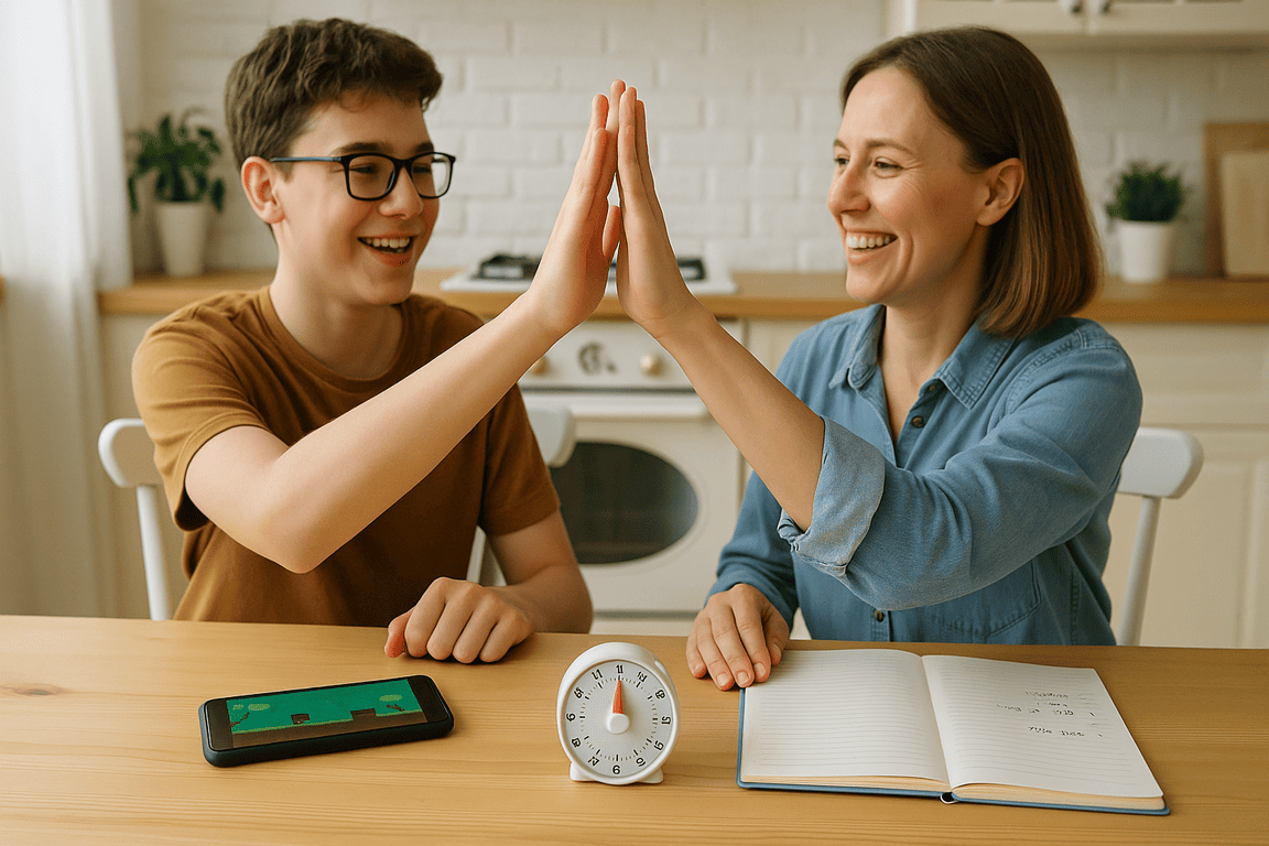 Таймер и смартфон на столе семья завершает игровую сессию