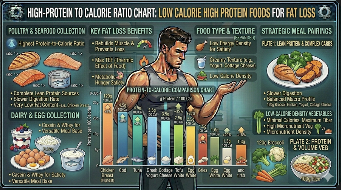 Protein to calorie ratio chart showing best low calorie high protein foods comparison for fat loss high protein diet