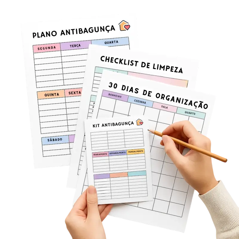 Mockup dos materiais do Plano Antibagunça