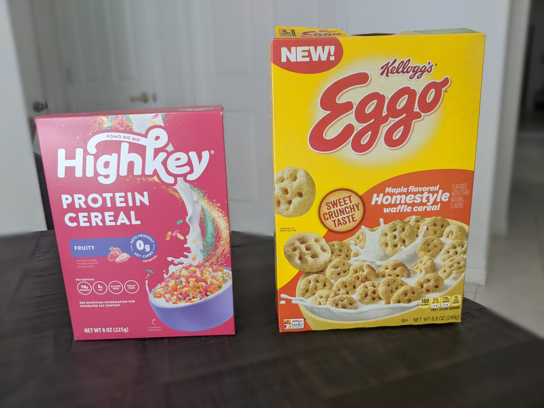 Highkey and Eggo cereal box size comparison