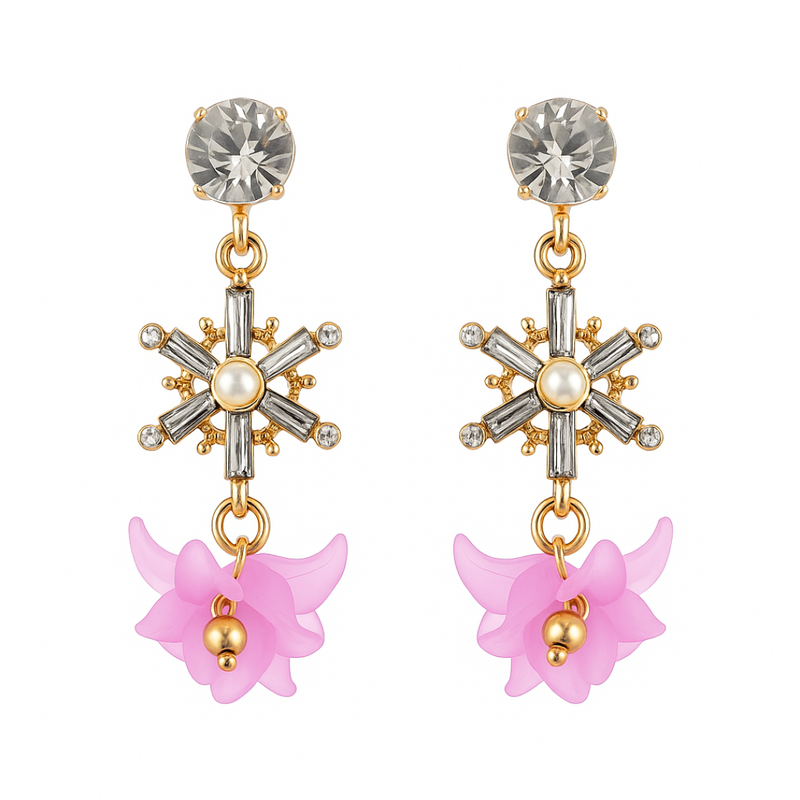 Pink Floral &crystal Snowflake Dangle Earrings