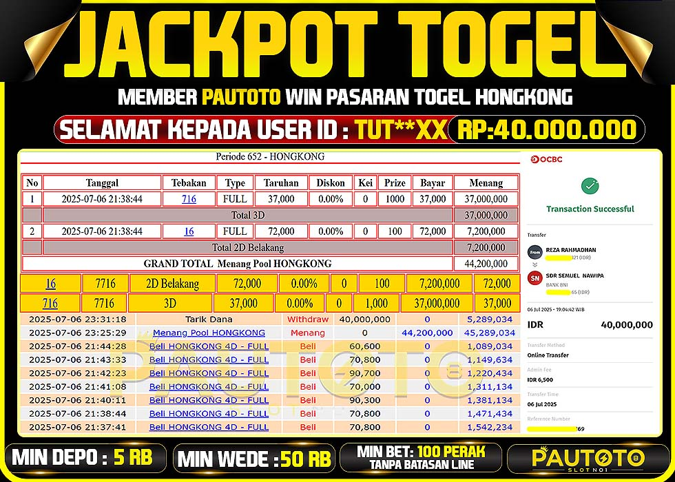 BUKTI PEMBAYARAN TGL 6 JULY 2025 MENANG DI PASARAN HONGKONG LOTTO TOTAL WD 40 JUTA