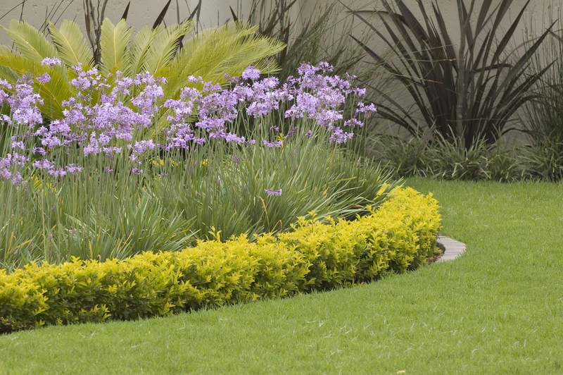 A colorful flowerbed, oval-shaped, with various plants, situated on a well-maintained lawn
