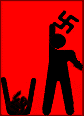 stick figure animation of a person throwing away a swastica into the trash.