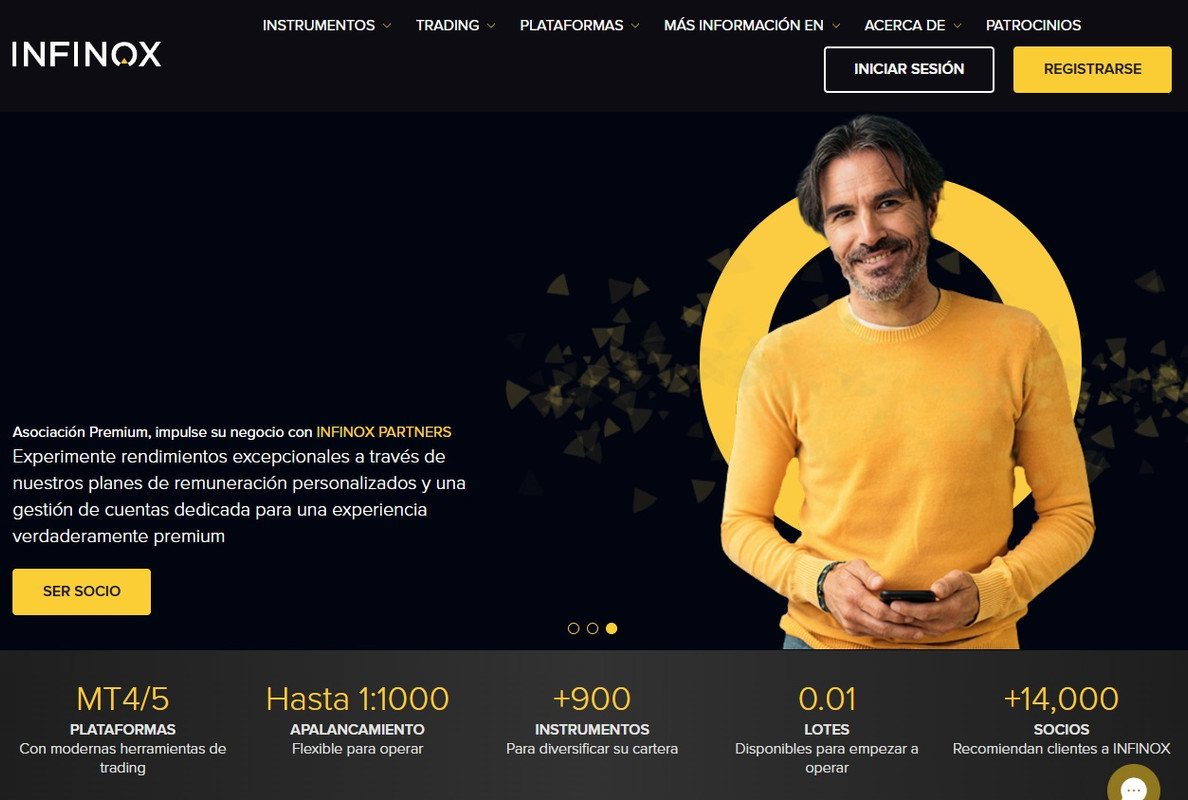Página principal de Infinox mostrando las plataformas de trading MT4 y MT5 y los beneficios de apalancamiento.