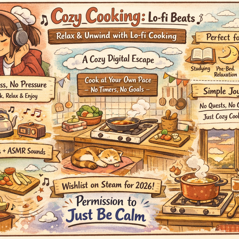 Cozy anime-style kitchen with warm lighting and cooking utensils