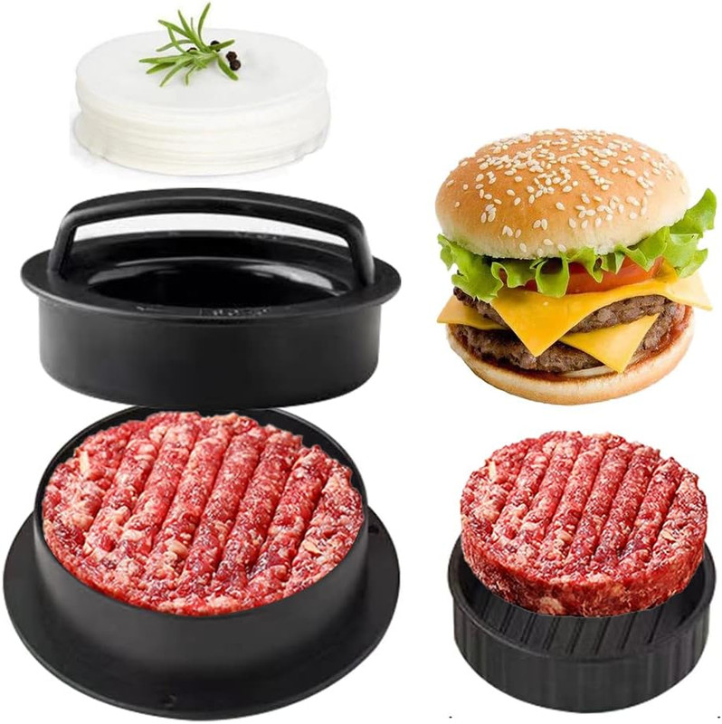 3-in-1 Burger Press Patty Maker Stuffed Hamburger Mold Slider 100 Wax Papers BBQ