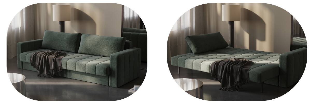 Akello Sofa Bed With Arms Innovation Living — canapé design convertible vert forêt dans un salon contemporain, coutures channel matelassées — Déco Éléments Paris 18e