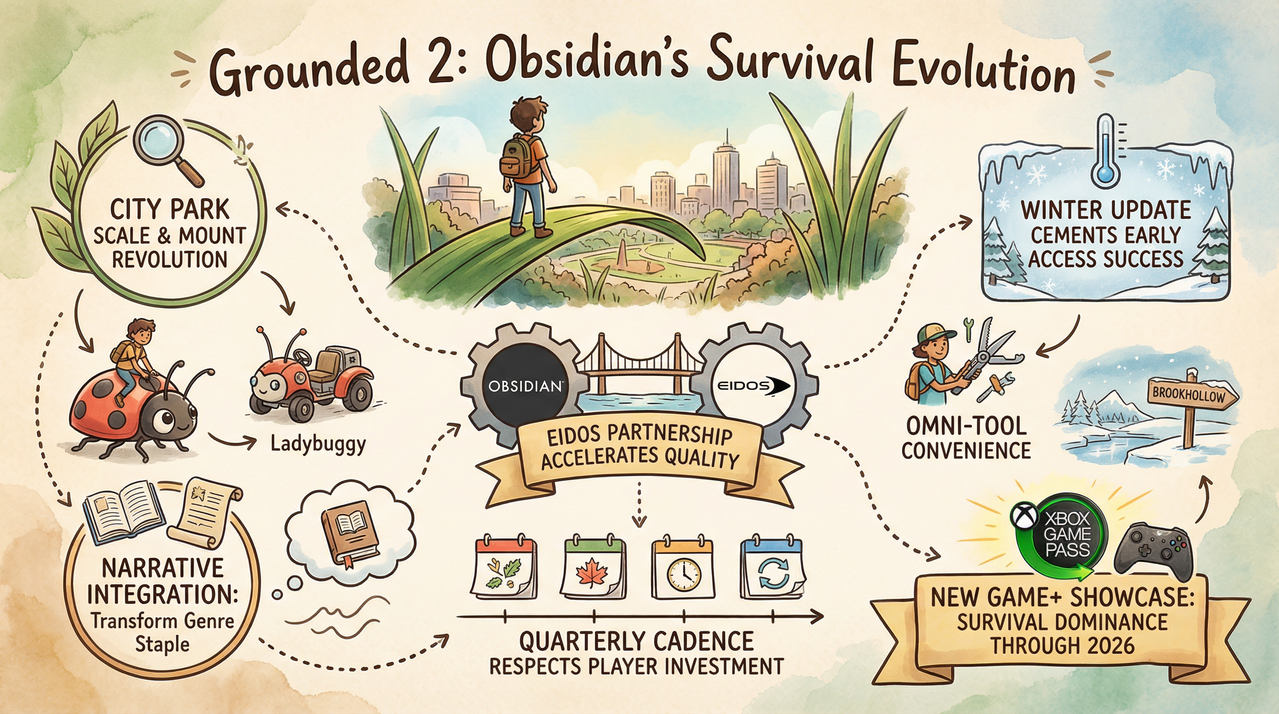 shrunken teenager riding ladybug mount through snowy park biome