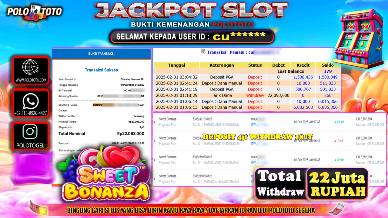 POLOTOTO JACKPOT SLOT SWEET BONANZA Rp.22,093.000,-