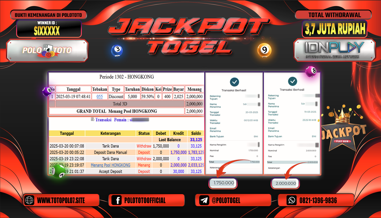 POLOTOTO JACKPOT TOGEL PASARAN HONGKONG Rp.3.750.000,-