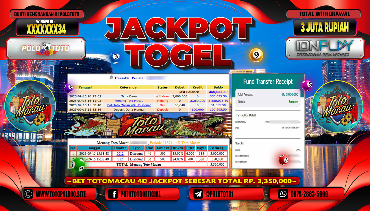POLOTOTO JACKPOT TOGEL TOTO MACAU Rp.3.000.000,-LUNAS