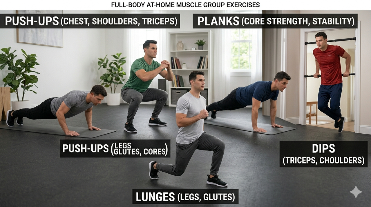 Home exercises for all muscle groups including push-ups, squats, planks, lunges, and dips for full body workout at home