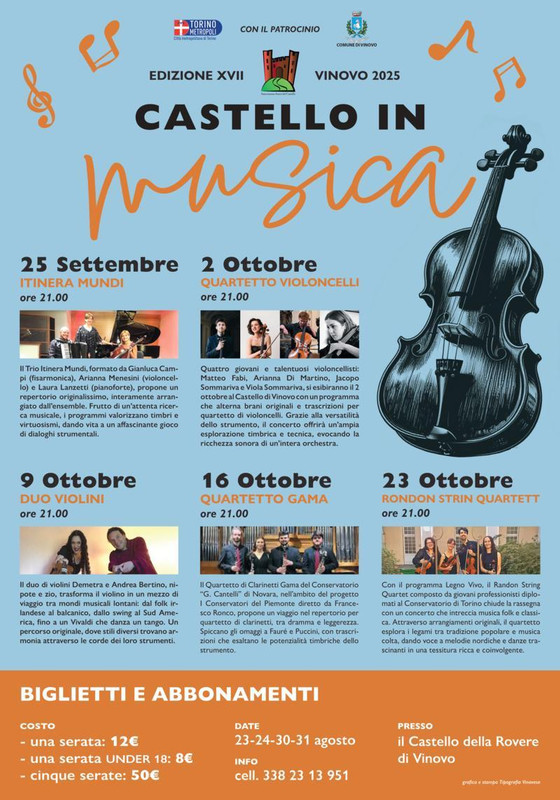 A Vinovo (To) dal 25 settembre al 23 ottobre tornano i concerti della rassegna “Castello in Musica”