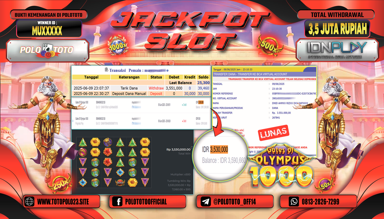 POLOTOTO JACKPOT SLOT GATES OF OLYMPUS 1000 Rp.3.551.000,-