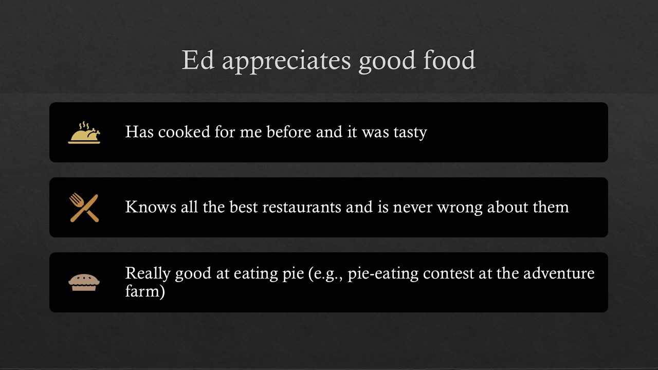 [alt text] Image of a title slide for a PowerPoint presentation. White letters on dark gray background. Heading reads “Ed appreciates good food”; there are three long black rectangles, one above the other. In the top rectangle there is a yellow icon of a cooked turkey accompanied by the text “has cooked for me before and it was tasty”; second rectangle has an orange knife and fork icon with the text “knows all the best restaurants and is never wrong about them”; third rectangle has a pale brown pie icon with the text “really good at eating pie (e.g., pie-eating contest at the adventure farm)
