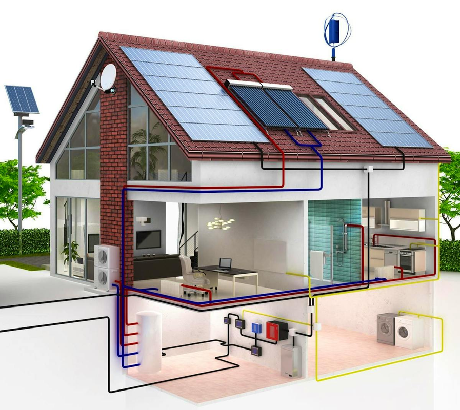 Coupe transversale d'une maison avec systèmes d'énergie renouvelable complets : panneaux solaires, éolienne, pompe à chaleur et circuits intégrés