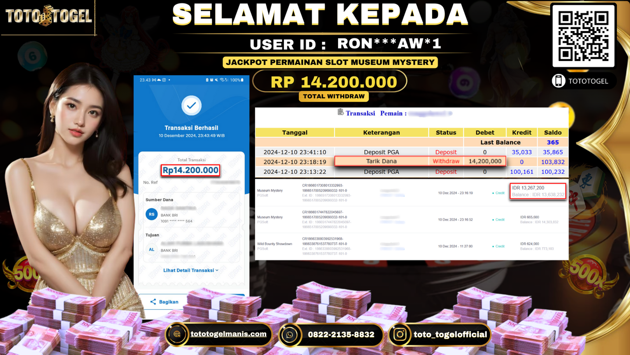 Bukti Pembayaran Jackpot Permainan Slot Museum Mystery ID: RON***AW*1 LUNAS