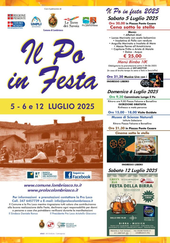 Lombriasco (To): “Il Po in festa”, tra natura e gastronomia Da sabato 5 a sabato 12 luglio 2025