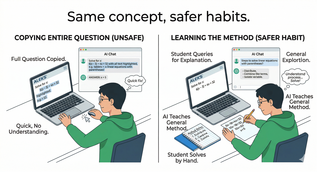 Split screen showing risky ALEKS cheating vs safe AI concept studying