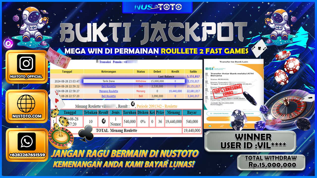 JACKPOT !! MENANG BESAR DI GAME ROULLET  SENILAI Rp. 15.000.000 LANGSUNG DI BAYAR LUNAS NUSTOTO !!