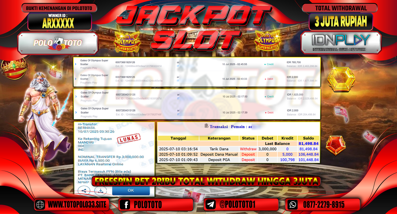POLOTOTO JACKPOT SLOT GATES OF OLYMPUS SUPER SCATTER Rp.3.000.000,-