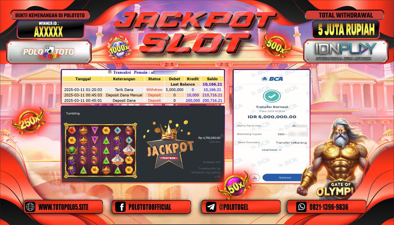 POLOTOTO JACKPOT SLOT GATES OF OLYMPUS 1000 Rp.5.000.000,-