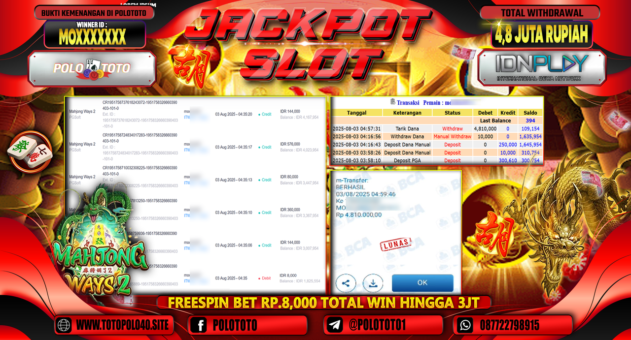 POLOTOTO JACKPOT SLOT MAHJONG WAYS 2 Rp.4.800.000,-LUNAS
