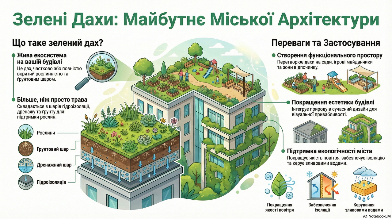 Sustainability strategy diagram focused on green roofs and microclimate.