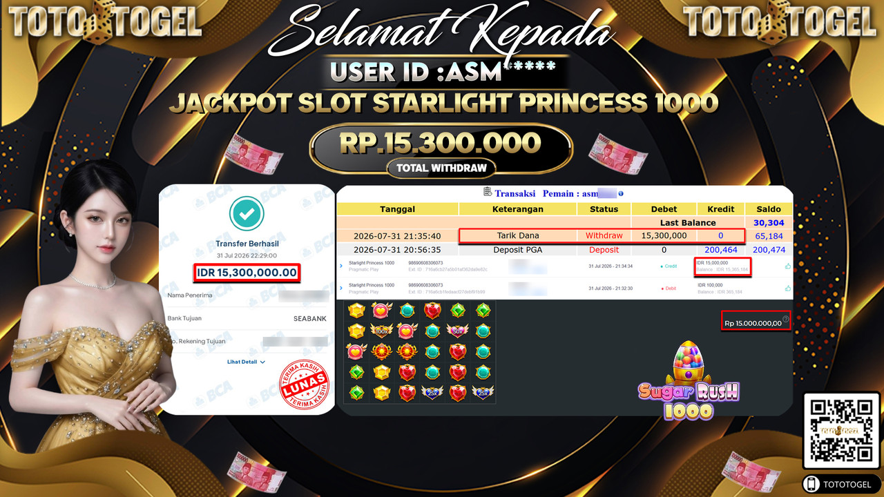 Bukti Pembayaran Jackpot SLOT STARLIGHT PRINCESS 1000 ID:ASM**** LUNAS