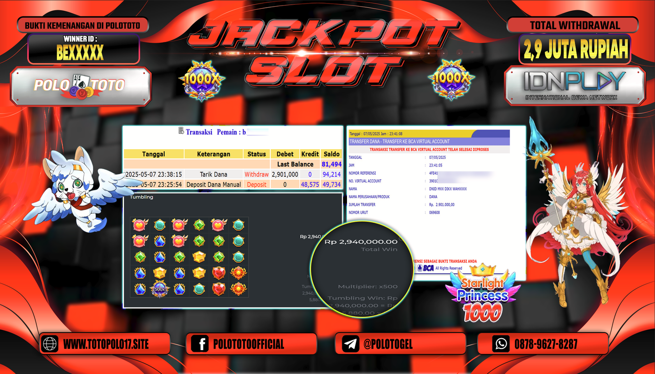 POLOTOTO JACKPOT SLOT STARLIGHT PRINCESS 1000 Rp.2.901.000,-