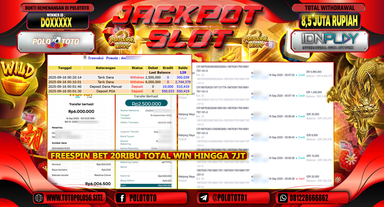 POLOTOTO JACKPOT SLOT MAHJONG WAYS Rp.8.500.000,-