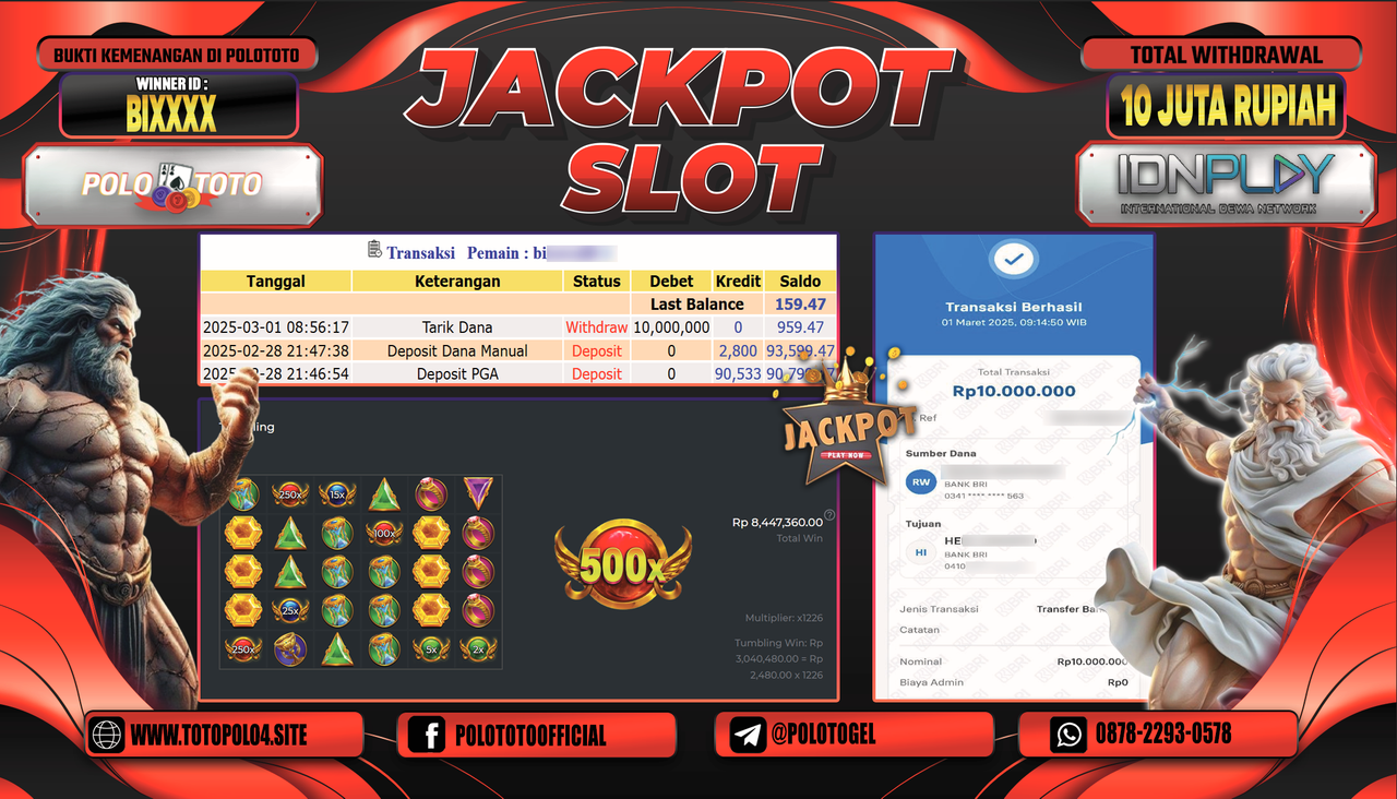 POLOTOTO JACKPOT SLOT GATES OF OLYMPUS 1000 Rp.10.000.000,-