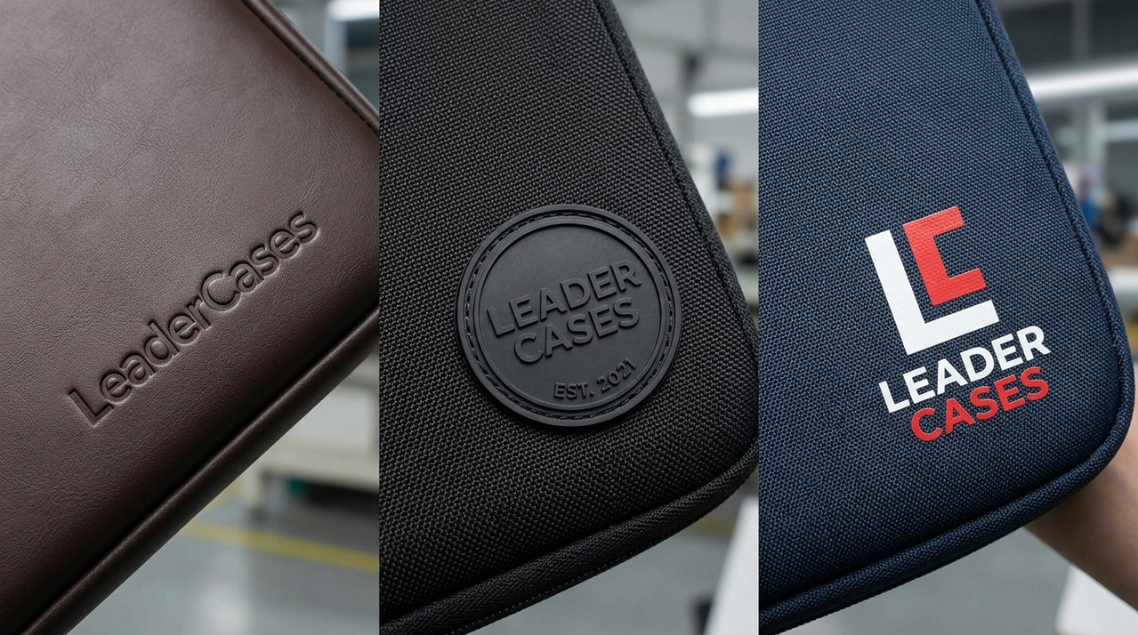 Comparative cover image showing three custom carrying cases made of 1680D ballistic nylon, PU leather, and Oxford fabric.