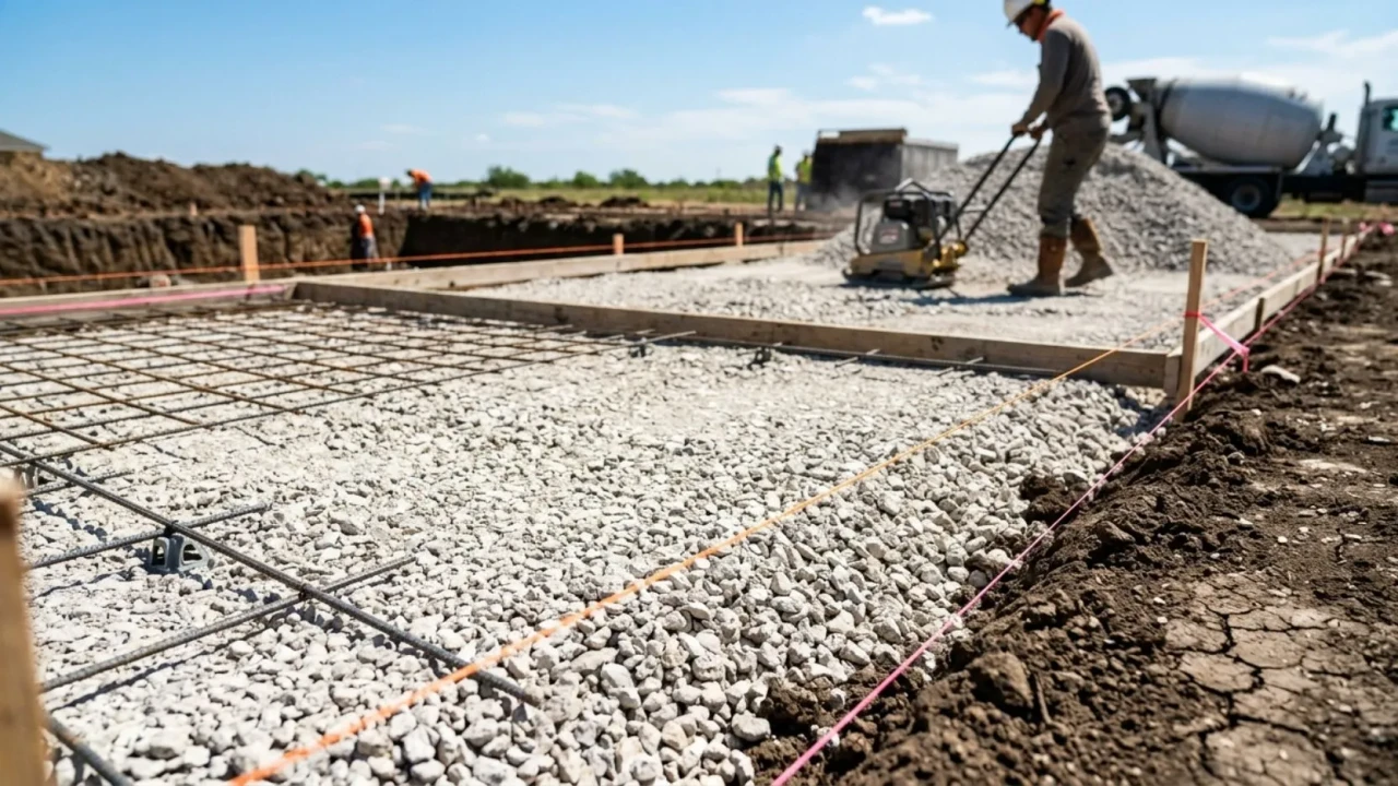 Compacted crushed limestone base being prepared before a concrete pour in San Antonio expansive clay soil