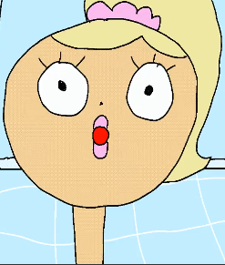 headshot of Kendall a blonde hair blue eyed tanned girl with pink lipstick she is so crudely drawn she has the silhouette of a lolipop with her stick neck and perfectly circular head