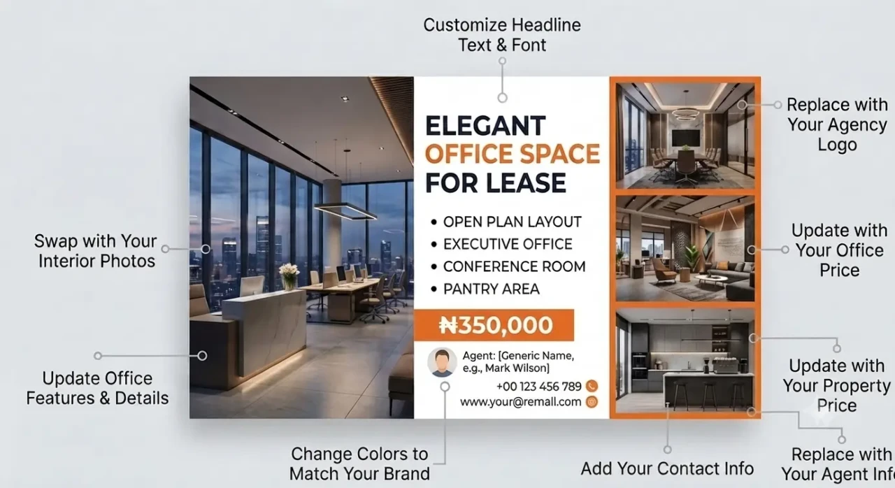 Alternate style Office Space Canva template with customization arrows