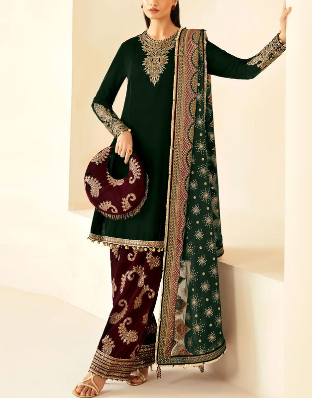 Formal Embroidered Velvet Party Wear Dress with Emb. Silk Trouser 2026