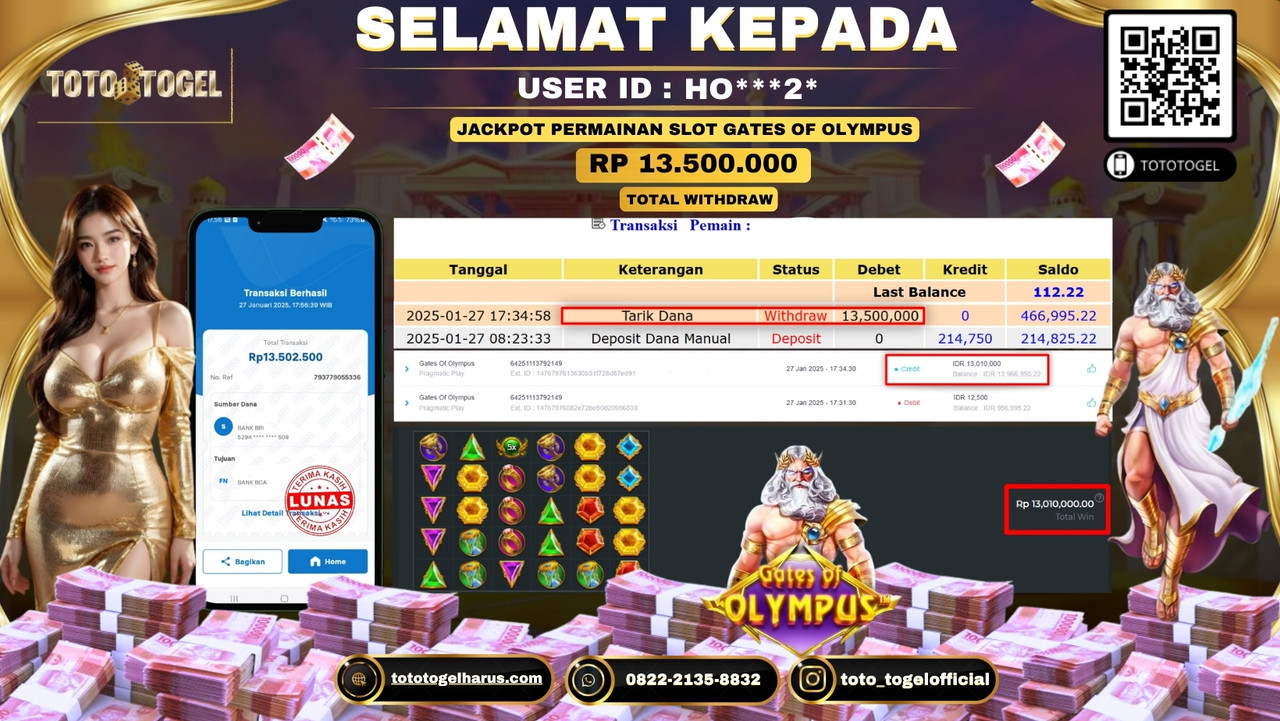 Bukti Pembayaran Jackpot  Permainan Slot Gates Of Olympus  ID:HO***2*  LUNAS