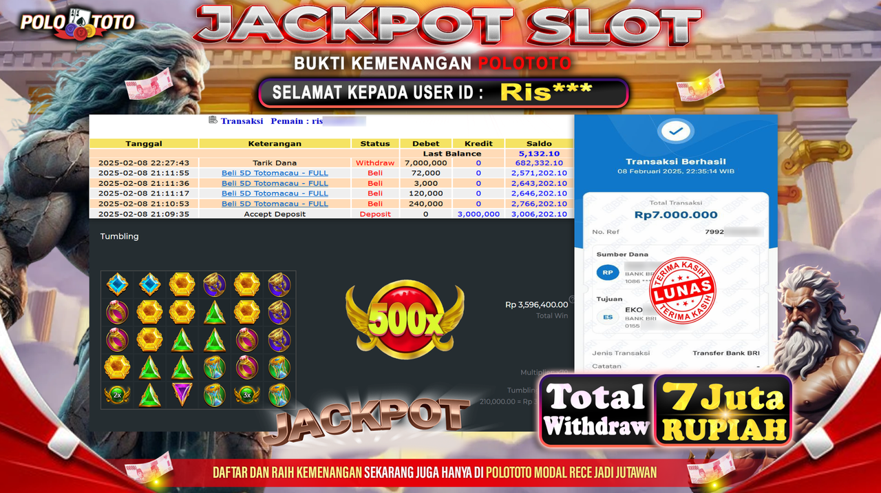 POLOTOTO JACKPOT SLOT GATES OF OLYMPUS Rp.7,000.000,-