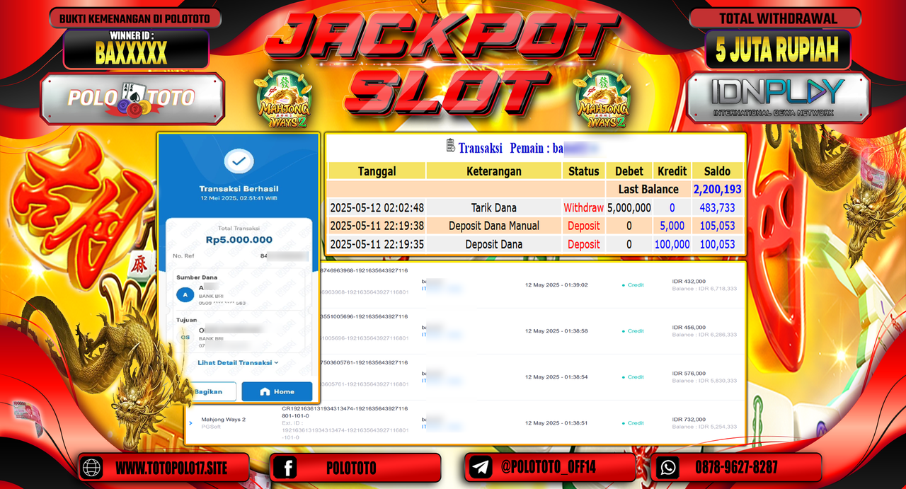 POLOTOTO JACKPOT SLOT MAHJONG WAYS 2 Rp.5.000.000,-