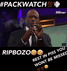 looping gif of a man smoking a giant cigar with the caption RIP BOZO and another caption REST IN PISS YOU WONT BE MISSED with a laughing emoji and a 100 emoji