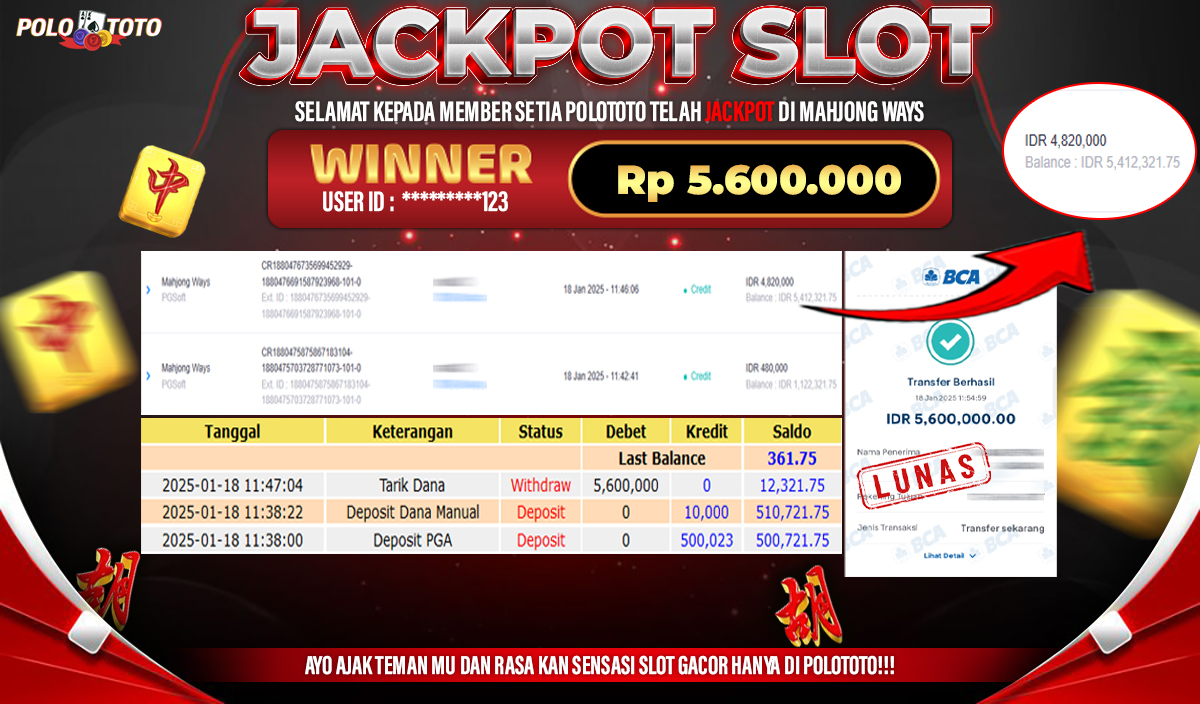 POLOTOTO JACKPOT SLOT MAHJONG WAYS Rp.5,600.000,-