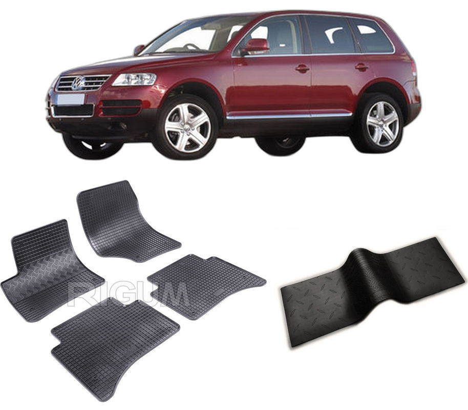 Set covorase auto VOLKSWAGEN TOUAREG I din 11.2002-2010, cu covoras tunel median, CAROSERIE SUV, Presuri cauciuc 100%, compatibil cu autoturismul VOLKSWAGEN TOUAREG I, Rigum