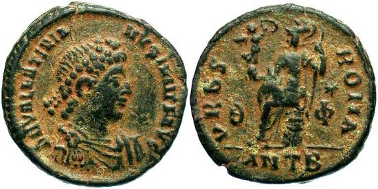 AE3 de Valentiniano II. VRBS ROMA. Antioquía Antioch-RIC-051-5