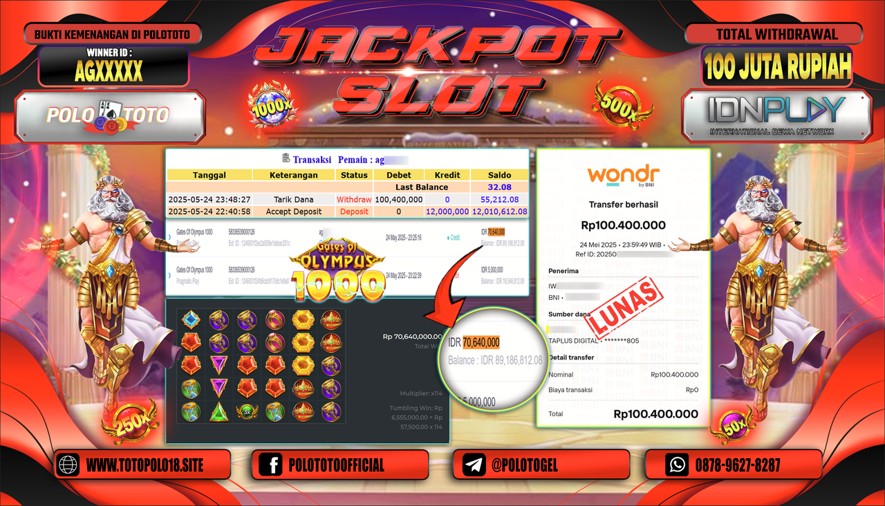POLOTOTO JACKPOT SLOT GATES OF OLYMPUS 1000 Rp.100.400.000,-
