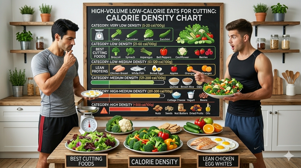 Chart showing calorie density of different food categories for best high-volume low-calorie foods for cutting