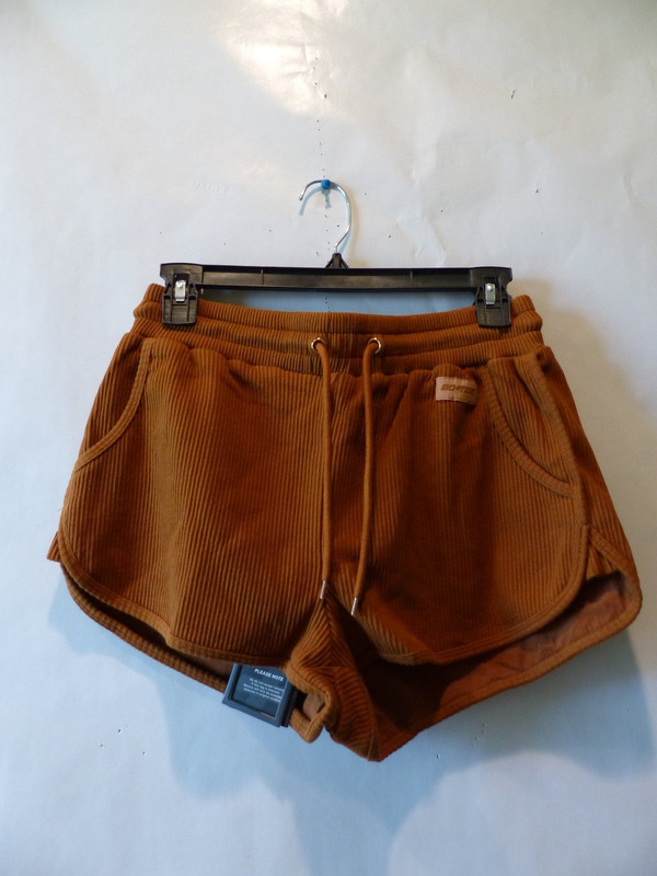 BO AND TEE WOMENS HIGH WAISTED LOOSEN UP RIBBED MINI SHORTS LIGHT BROWN SIZE M