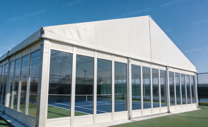 Tennis court tent fully enclosed with sidewalls down for weekend tournament mode