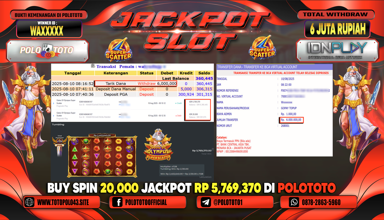 POLOTOTO JACKPOT SLOT GATES OF OLYMPUS SUPER SCATTER Rp.6.000.000,-LUNAS